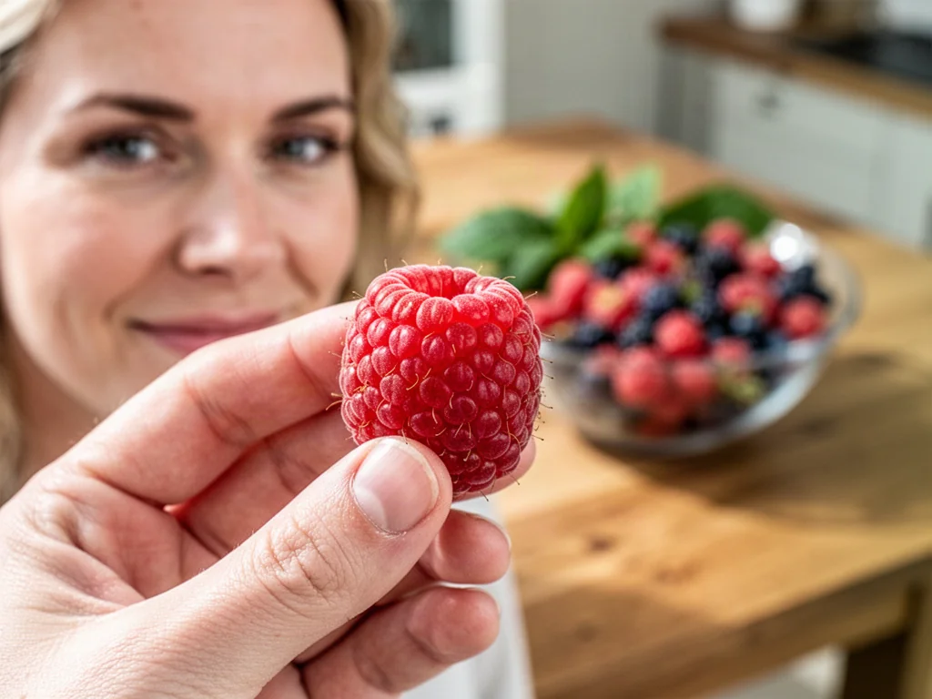 Świeża, dojrzała malina trzymana w dłoni na tle miski z owocami jagodowymi. Zdjęcie podkreśla naturalność i świeżość owoców.