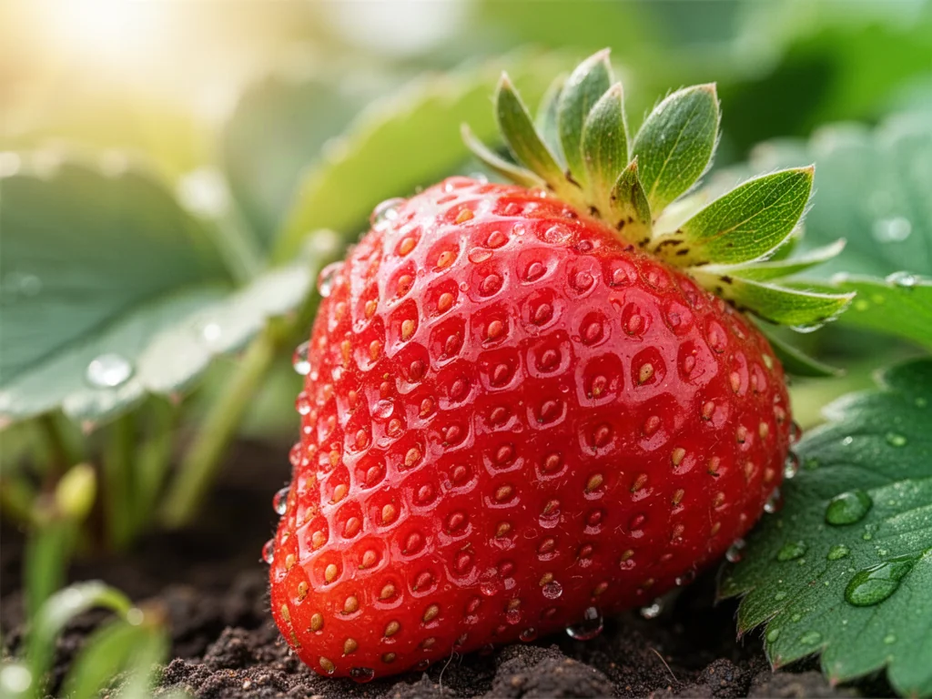 Świeża, soczysta truskawka z kroplami wody na tle ogrodu, podkreślająca naturalne bogactwo witamin i świeżość owocu.