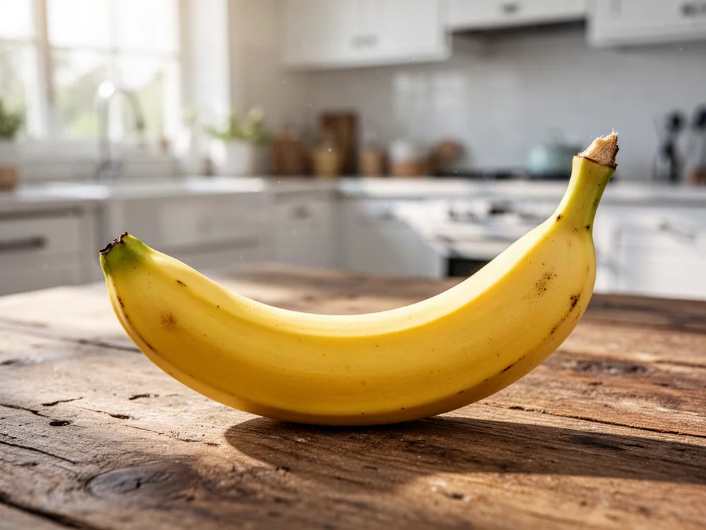 Świeży, żółty banan leżący na drewnianym stole w słonecznej kuchni, podkreślający naturalne wartości odżywcze owocu.