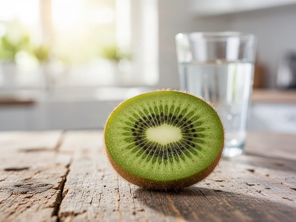 Świeży, przekrojony owoc kiwi na drewnianym stole, podkreślający jego naturalne właściwości wspomagające trawienie.