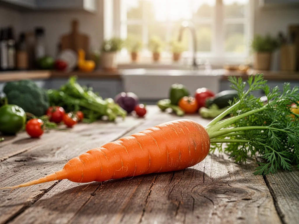 Świeża marchew z zieloną nać na drewnianym stole w słonecznej kuchni, podkreślająca naturalne wartości odżywcze warzywa.